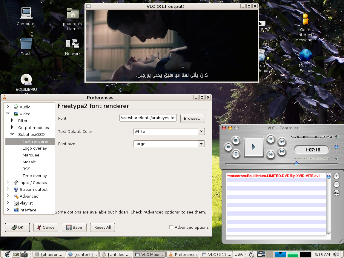 Screenshot of VLC rendering subtitles with fribidi2