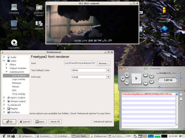 Screenshot of VLC rendering subtitles with fribidi2